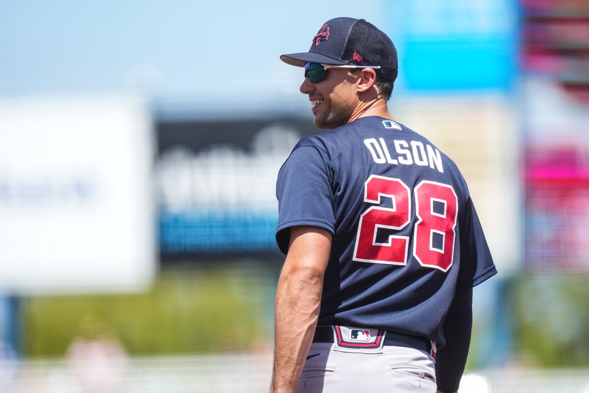 Matt Olson #28 of the Atlanta Braves looks on during a spring training game against the Minnesota Twins on March 22, 2022 at Hammond Stadium in Fort Myers, Florida.