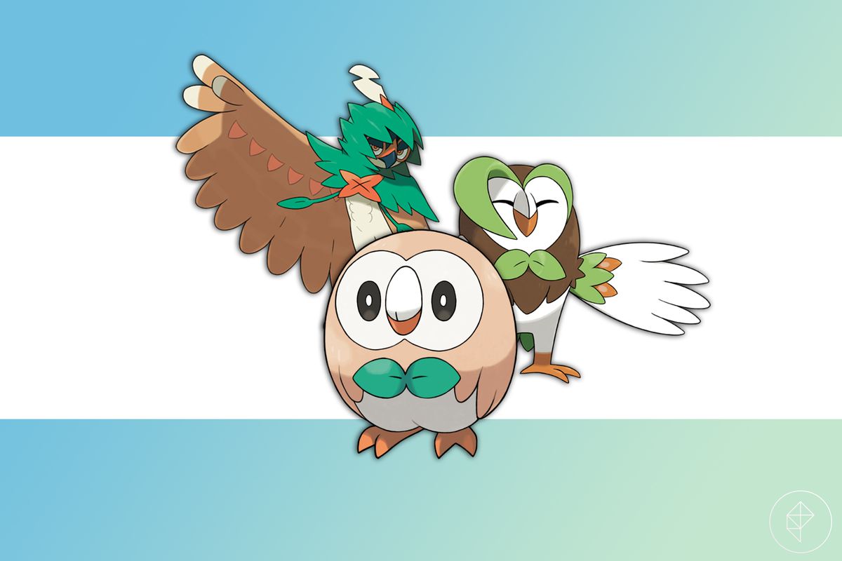 Rowlet, Dartrix, and Decidueye on a blue and green background.