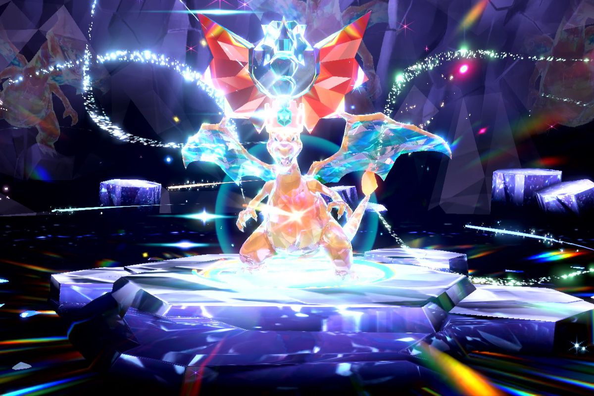 A crystalized Charizard with a dragon crown on its head, in a dark cave.
