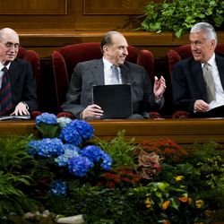 The First Presidency — Presidents Henry B. Eyring, Thomas S. Monson and Dieter F. Uchtdorf — of The Church of Jesus Christ of Latter-day Saints attends the final session of the church's 180th Semiannual General Conference at the Conference Center in Salt Lake City on Sunday, Oct., 3, 2010.