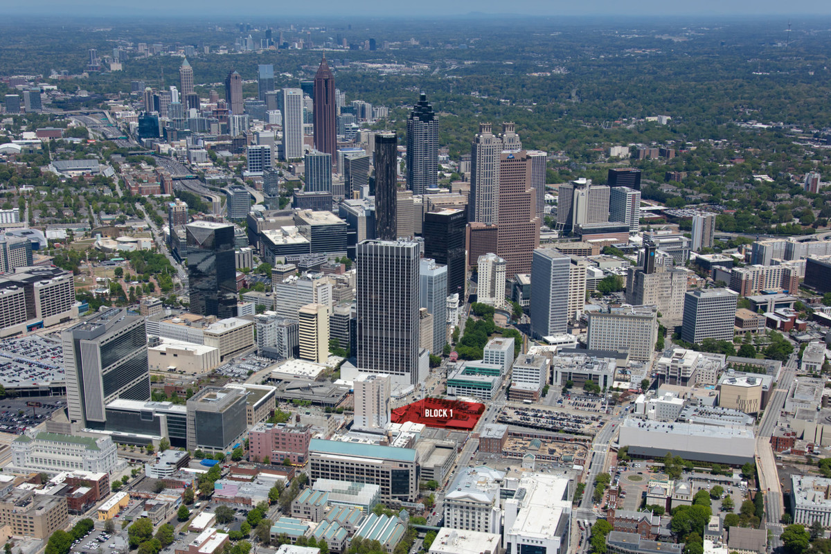 An aerial photo of the city, with Block One highlighted in red.