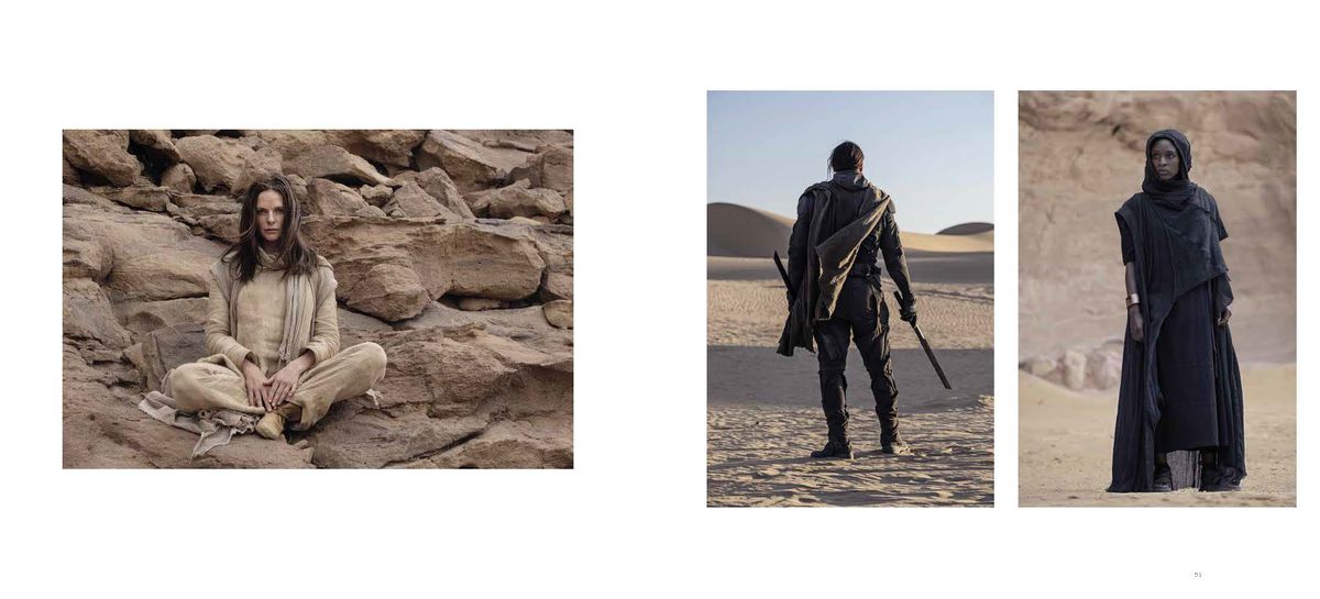 Images from Dune Part One: The Photography including Rebecca Ferguson sitting on a rock, and various people standing in the desert