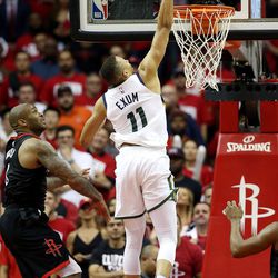 Utah Jazz guard Dante Exum (11) puts down a dunk in the final moments of the game as the Utah Jazz defeat the Houston Rockets 116-108 in game two of the NBA playoffs at the Toyota Center in Houston on Wednesday, May 2, 2018.