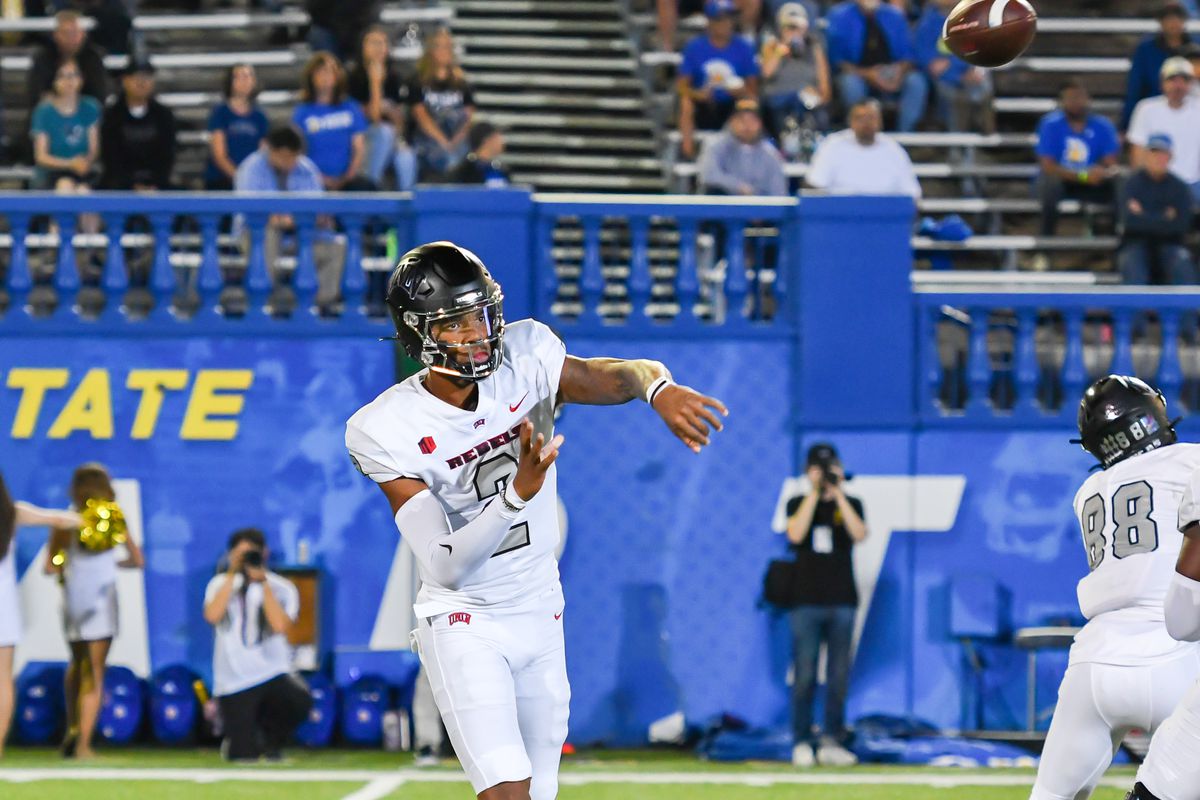 UNLV Rebels quarterback Doug Brumfield (2) delivers a pass to the sidelines during the game between UNLV Rebels and San Jose State Spartans on Friday, October 07, 2022 at CEFCU Stadium in San Jose, California.