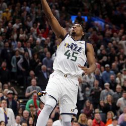 Utah Jazz guard Donovan Mitchell (45) dunks the ball after stealing it away from the San Antonio Spurs in the last two minutes of a basketball game at the Vivint Smart Home Arena in Salt Lake City on Monday, Feb. 12, 2018. The Jazz won 101-99.