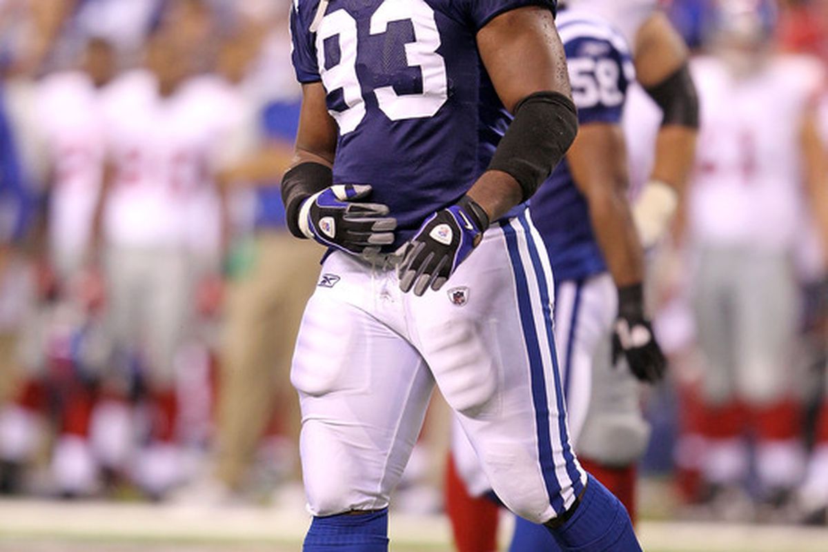 INDIANAPOLIS - SEPTEMBER 19:  Dwight Freeney #93 of the Indianapolis Colts celebrates after a sack during the NFL game against the New York Giants  at Lucas Oil Stadium on September 19 2010 in Indianapolis Indiana.  (Photo by Andy Lyons/Getty Images)