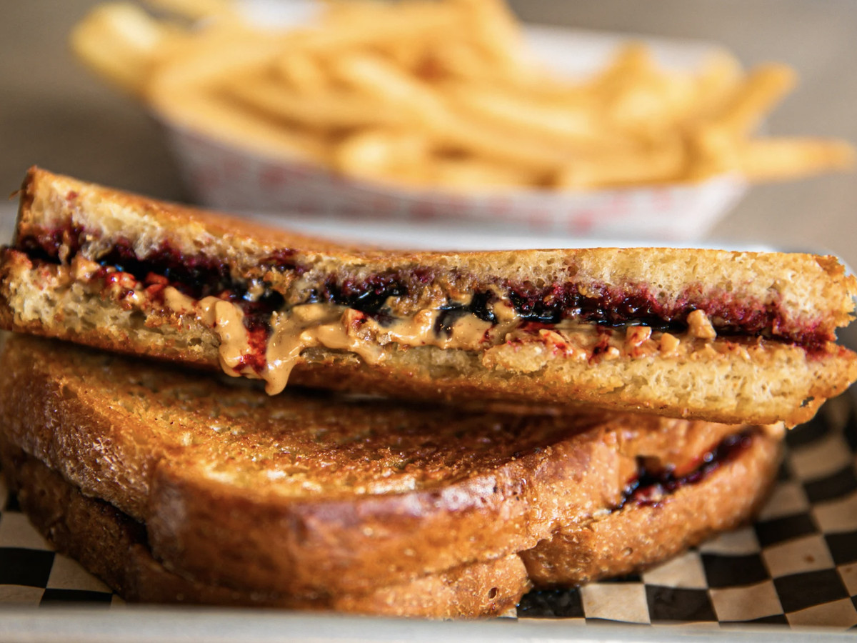 A close up of Valhalla’s peanut butter and jelly sandwich with blackberry jam