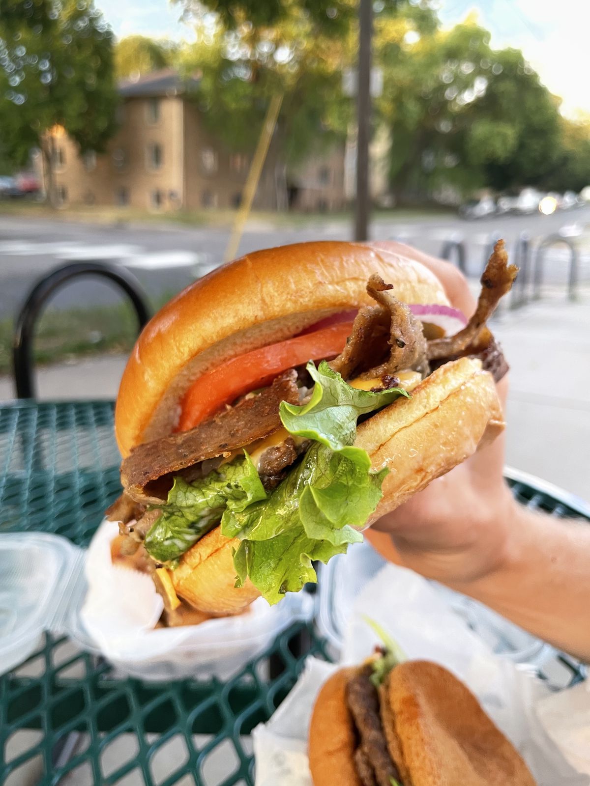 A hand holding a burger made with gyro meat, onion, lettuce, and tomato. 