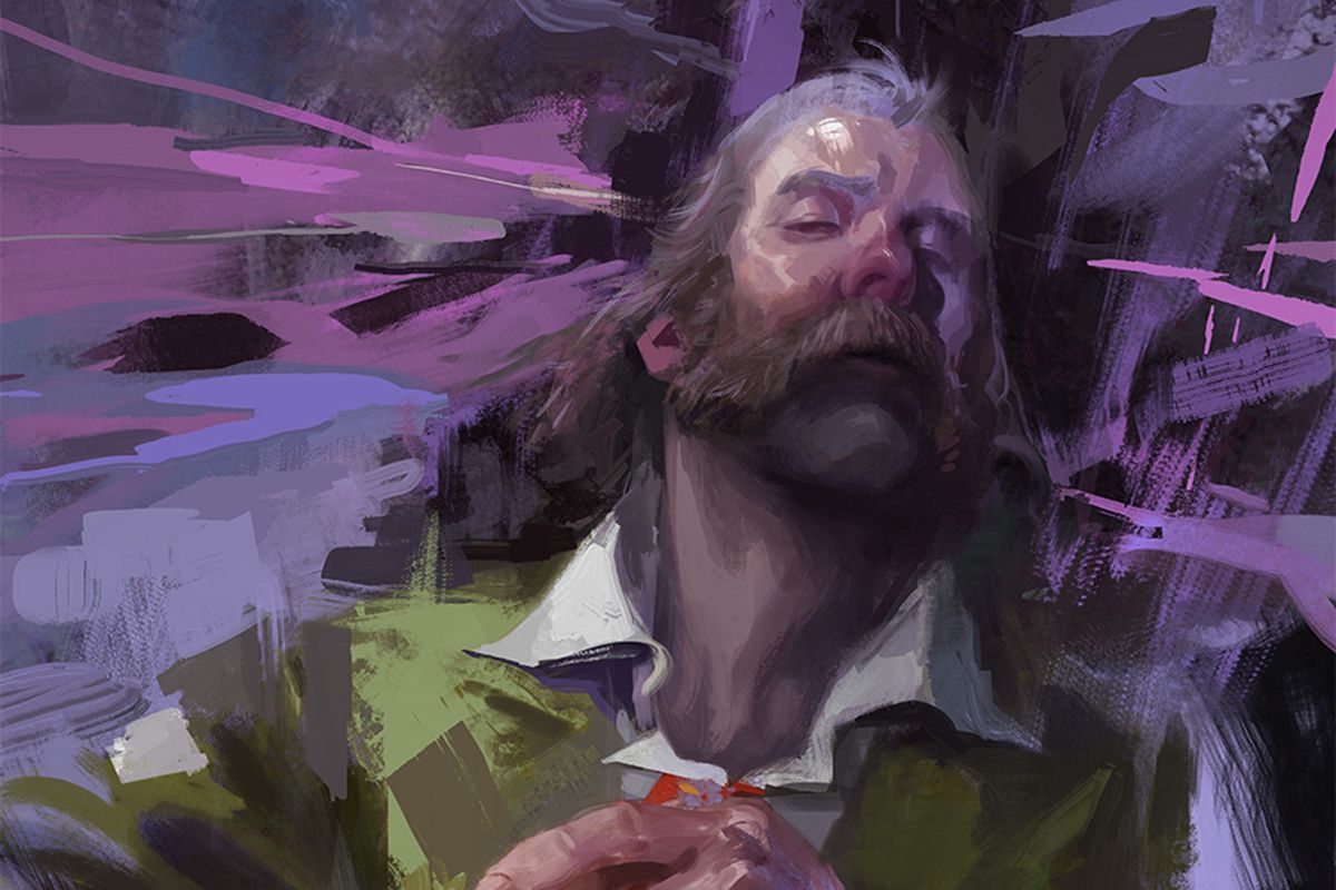 Concept art for Disco Elysium showing the player character as a sensitive type. The art resembles oil on canvas, and has a purple background.