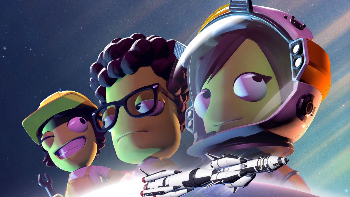A Kerbin astronaut, mechanic, and scientist projected across space above Earth in key art for Kerbal Space Program 2