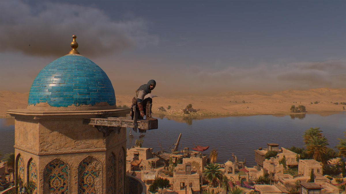 Basim perches on a viewpoint in Baghdad in AC Mirage.