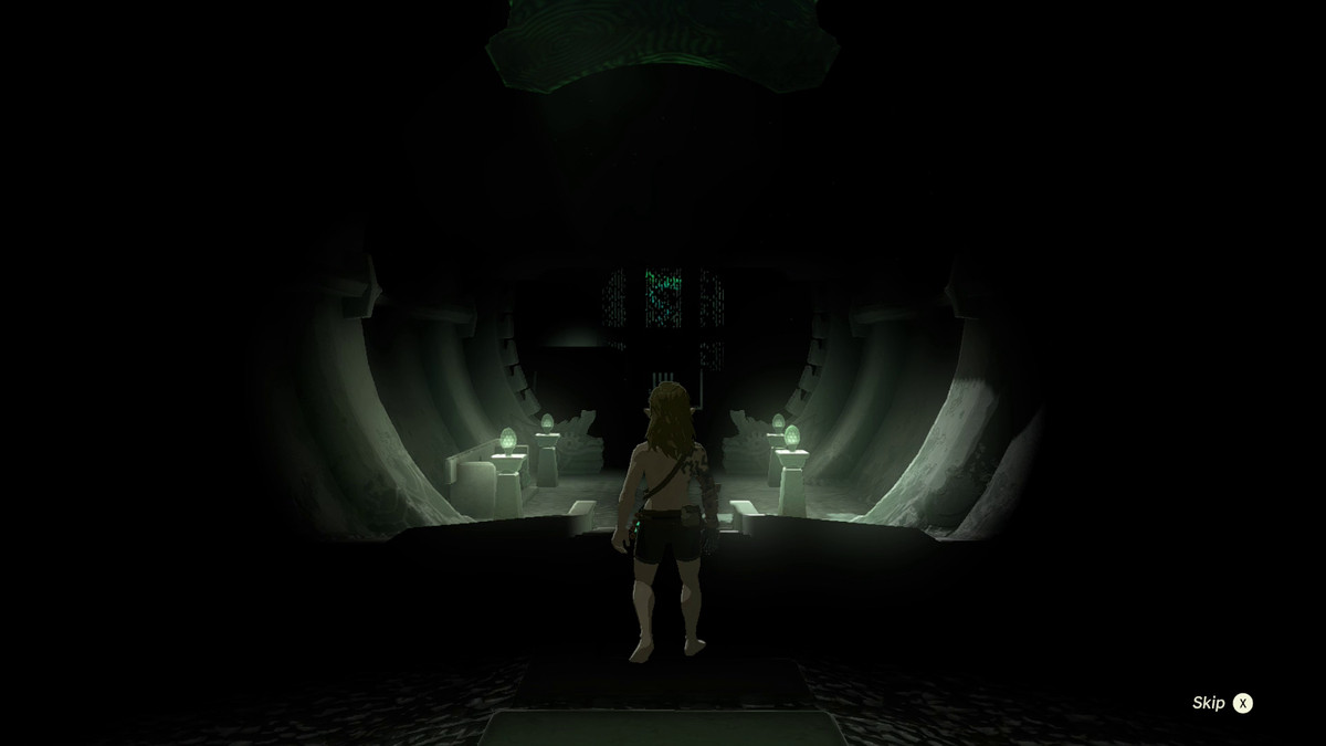 Link, unarmed and in his underwear, gazes into the dim entryway of Simosiwak Shrine