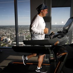 Vai Sikahema works out in his company's gym on the 44th floor where he has a view of the entire city of Philadelphia, including a newly opened temple of The Church of Jesus Christ of Latter-day Saints, on Wednesday, May 22, 2019. Sikahema, who was born in Tonga, works as a midday anchor for NBC's channel 10 news in Philadelphia. He played on Brigham Young University's national champion winning football team in 1984 and went on to spend a decade in the NFL. Shortly after his NFL career ended, he was picked up to cover sports and has now been with the station for 25 years. Sikahema was recently named one of the new Area Seventies during 189th Annual General Conference of The Church of Jesus Christ of Latter-day Saints.