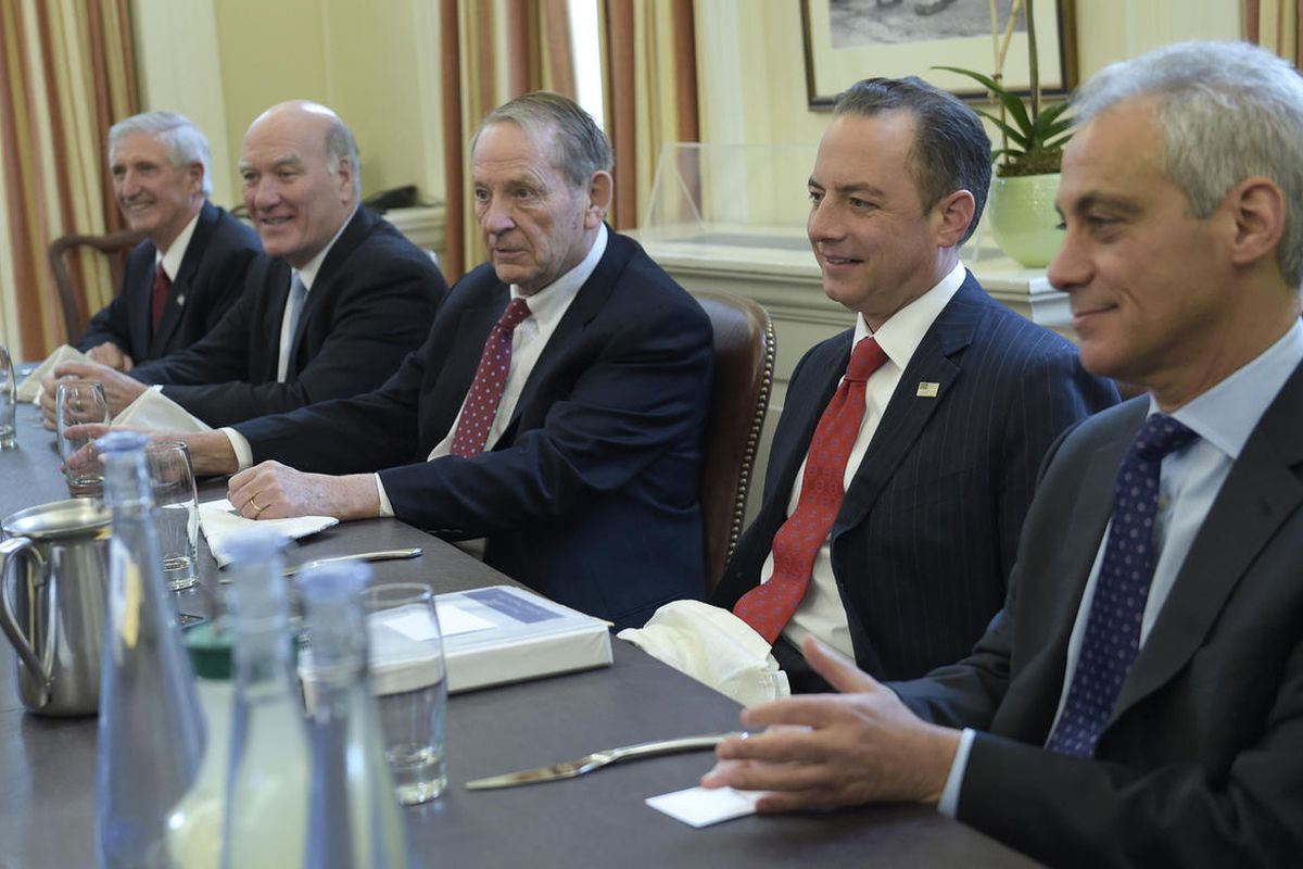 President-elect Donald Trump's incoming White House Chief of Staff Reince Priebus, second from right, attends a meeting with former White House Chiefs of Staff in the office of current White House Chief of Staff Denis McDonough at the White House in Washi