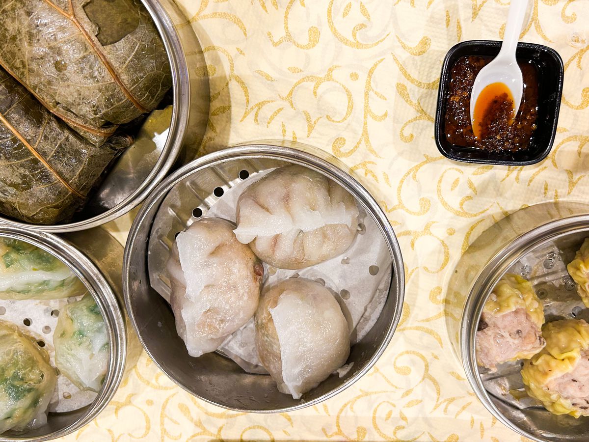 Lo gai mai, Chiu Chow, and shu mai dumplings at Excellent Cuisine, served with chile oil