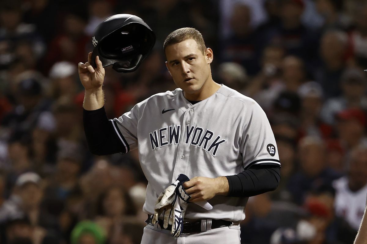 Anthony Rizzo #48 of the New York Yankees during the AL Wild Card playoff game against the Boston Red Sox at Fenway Park on October 6, 2021 in Boston, Massachusetts.