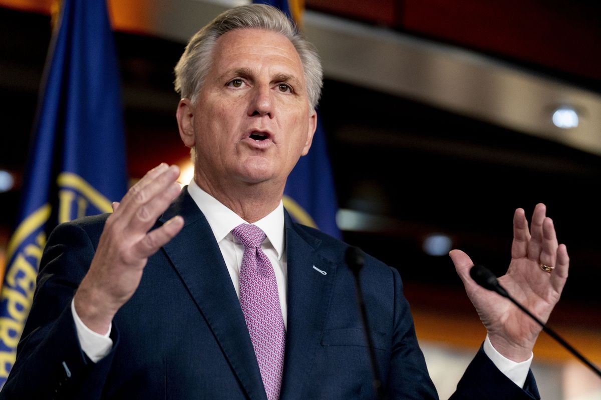 In this April 22, 2021, file photo, House Minority Leader Kevin McCarthy of Calif., speaks during his weekly press briefing on Capitol Hill in Washington.
