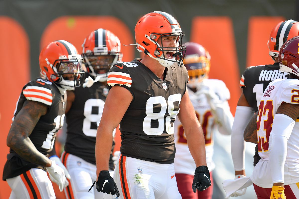 Tight end Harrison Bryant #88 of the Cleveland Browns celebrates after catching a touchdown pass during the fourth quarter against the Washington Football Team at FirstEnergy Stadium on September 27, 2020 in Cleveland, Ohio.&nbsp;