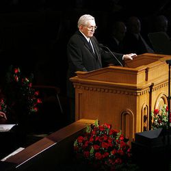 Elder Boyd K. Packer speaks during the funeral for Elder Joseph B. Wirthlin of the Quorum of the Twelve of The Church of Jesus Christ of Latter-day Saints at the Tabernacle in Salt Lake City in 2008.