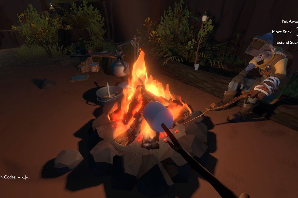 an image of a marshmallow being roasted in outer wilds. there is an alien sitting next to the fire.
