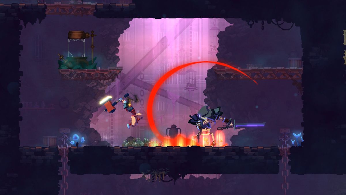 The Dead Cells protagonist leaping across the screen, wielding a hammer