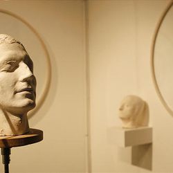 A detail of a work by Balint Bolygo entitled 'Trace Yorself', on display at the Kinetica Art Fair in London, Feb. 4, 2010.  A revolving plaster cast of a person's head is slowly deconstructed into a mathamatical diagram.