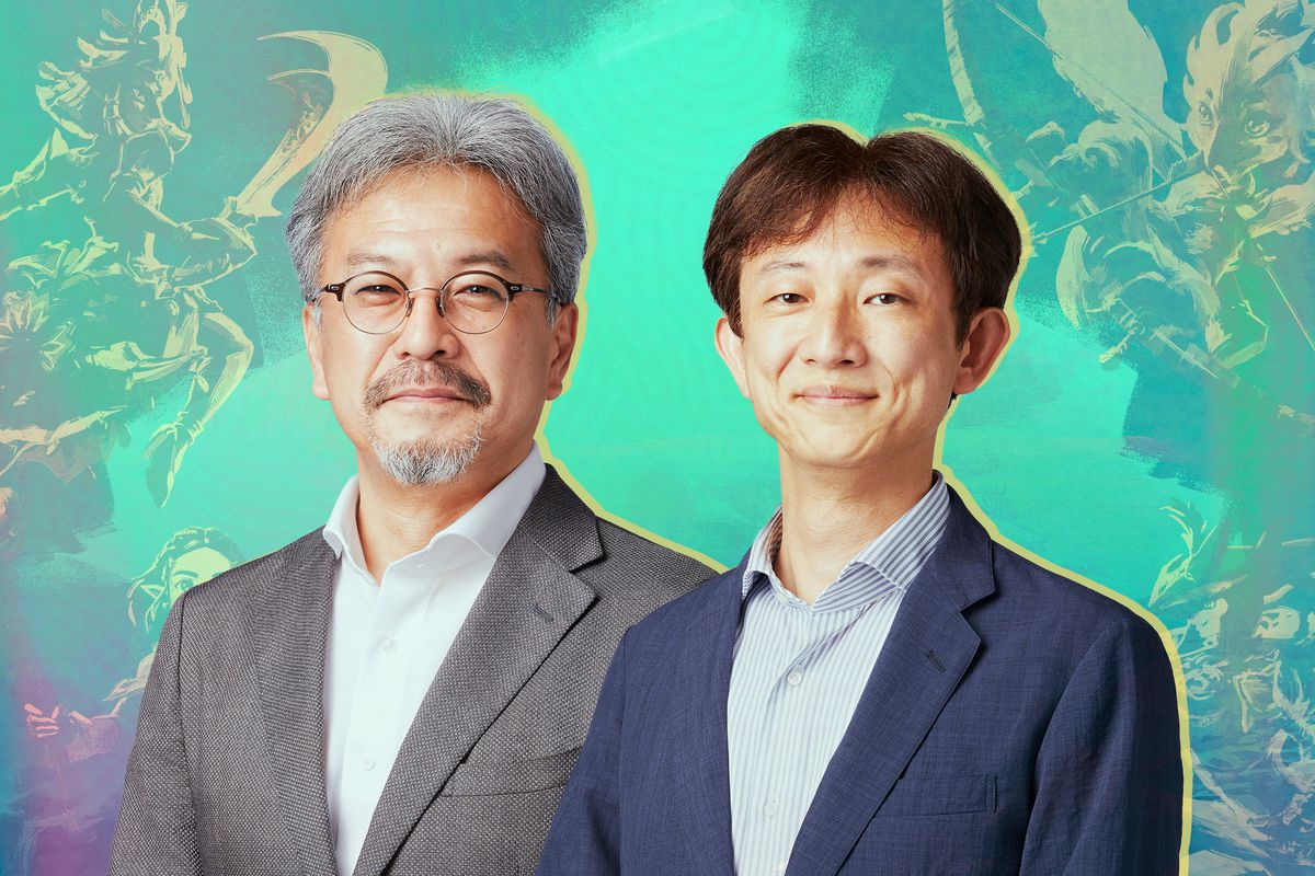 The Legend of Zelda: Tears of the Kingdom producer Eiji Aonuma and game director Hidemaro Fujibayashi standing side by side, with graphics from the game in the background