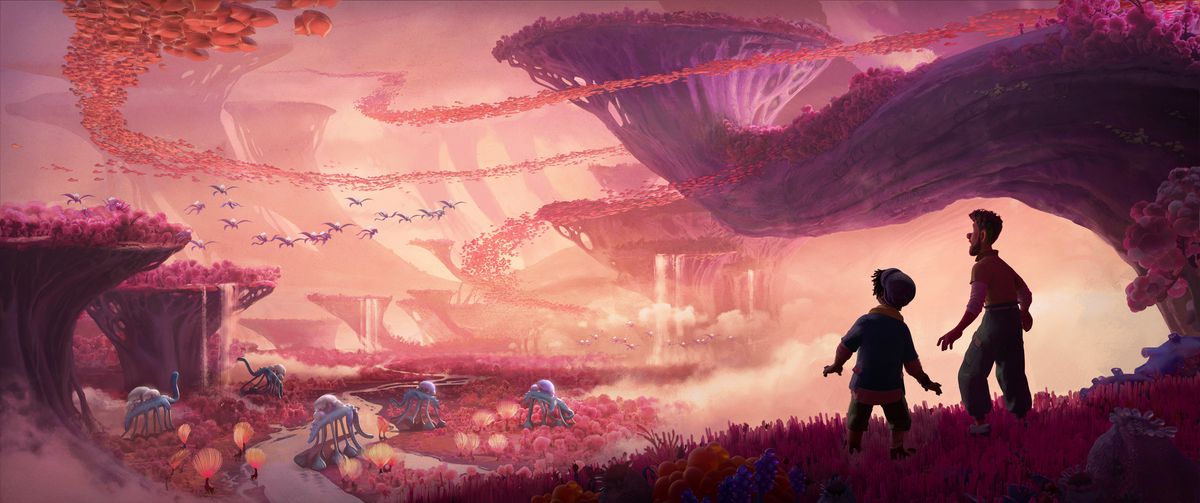 in a scene from Strange World, a gorgeous landscape, where everything is orange, pink, and red; two silhouetted figures stare out at the vista point, which is full of cliff-like structures and strange creatures that look like dinosaurs