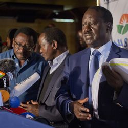 Opposition leader and presidential candidate Raila Odinga addresses a news conference in Nairobi, Kenya, Wednesday, Aug. 9, 2017. Odinga says hackers infiltrated the database of the country's election commission and manipulated the results. Early results show President Uhuru Kenyatta with a wide lead over Odinga. (AP Photo/Jerome Delay)