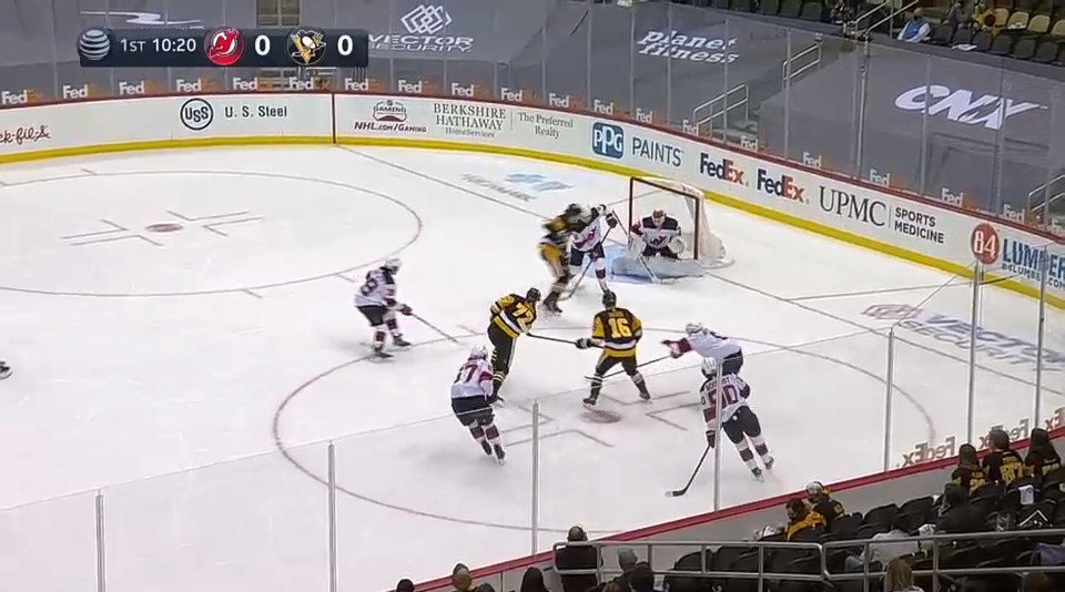 April 24: Jeff Carter found the soft zone in the middle of the Devils’ coverage. This is almost art as you can see five white jerseys surround him and none of them are actually within a stick’s length of Carter.