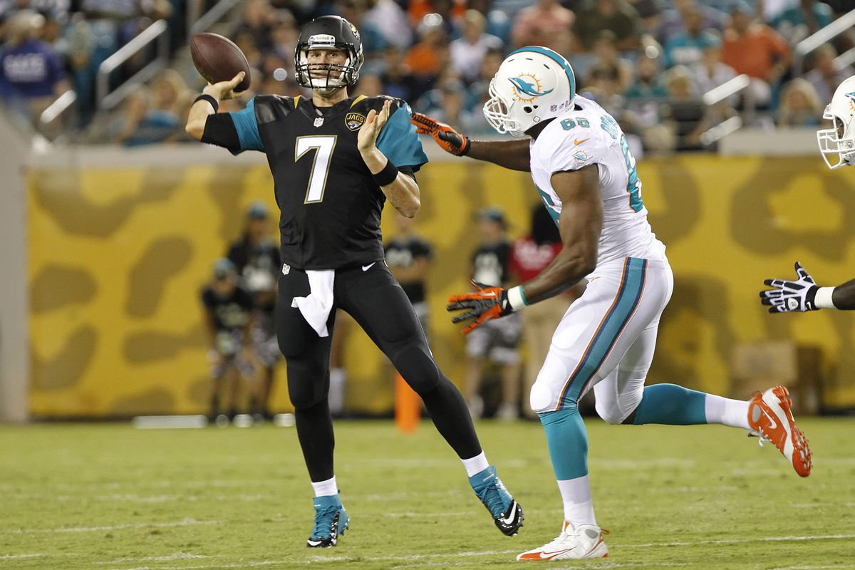 Aug 9, 2013; Jacksonville, FL, USA; Jacksonville Jaguars quarterback Chad Henne (7) throws the ball as Miami Dolphins defensive end Tristan Okpalaugo (66) defends during the second quarter at EverBank Field. 