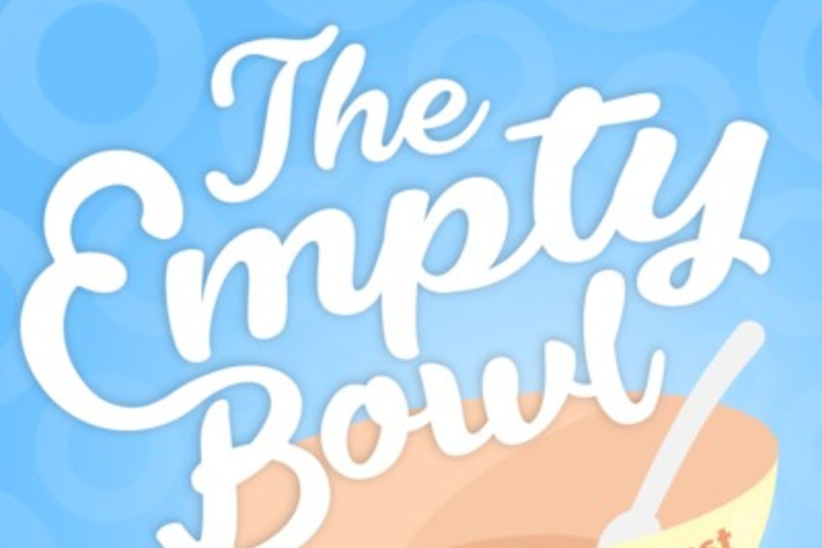 The Empty Bowl logo in white over an empty cereal bowl with ‘A meditative Podcast on Cereal’ written on it. The background is a blue gradient with light blue rings.
