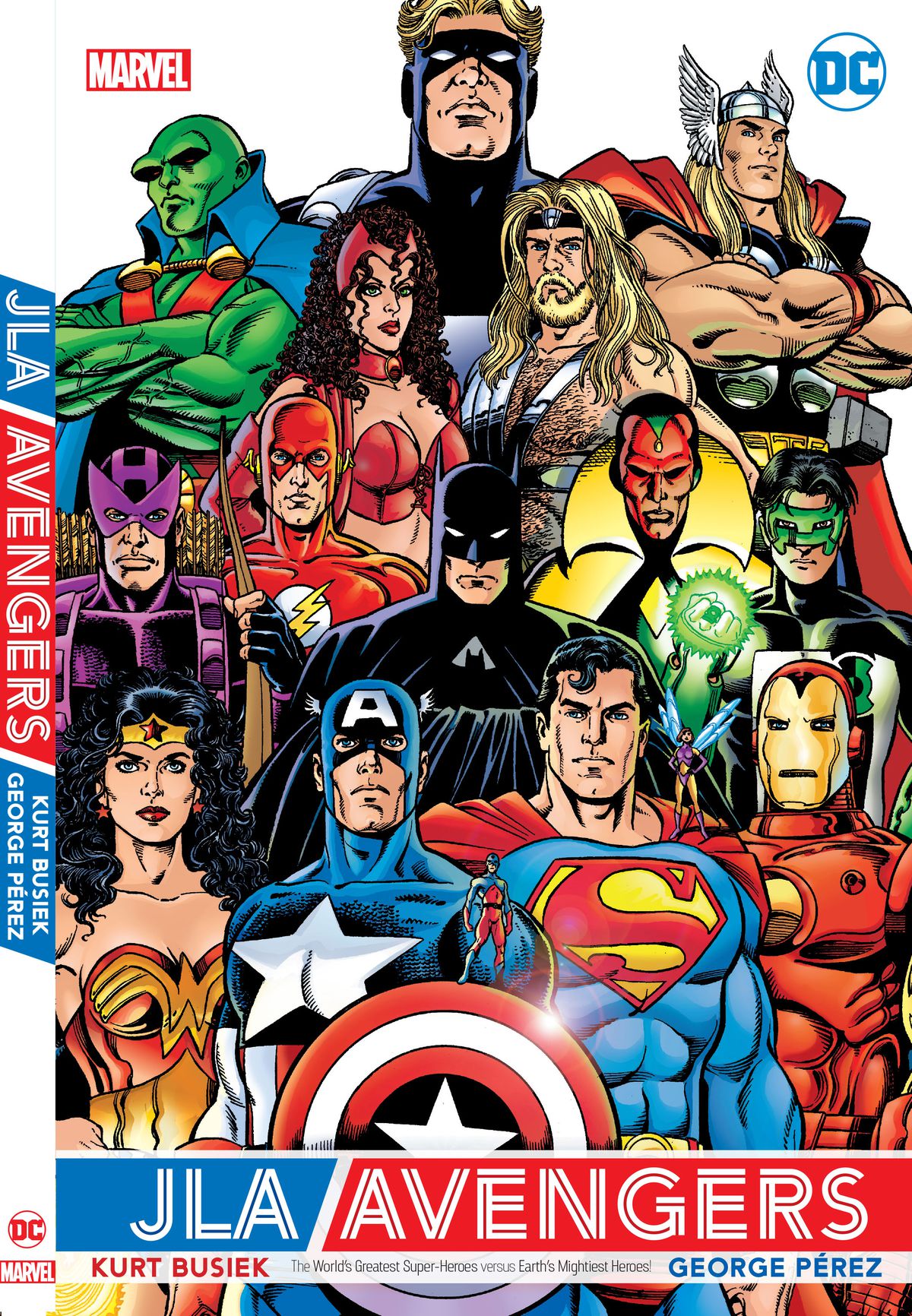 A host of DC and Marvel superheroes stand assembled on the cover and spine of JLA/Avengers (2022). 