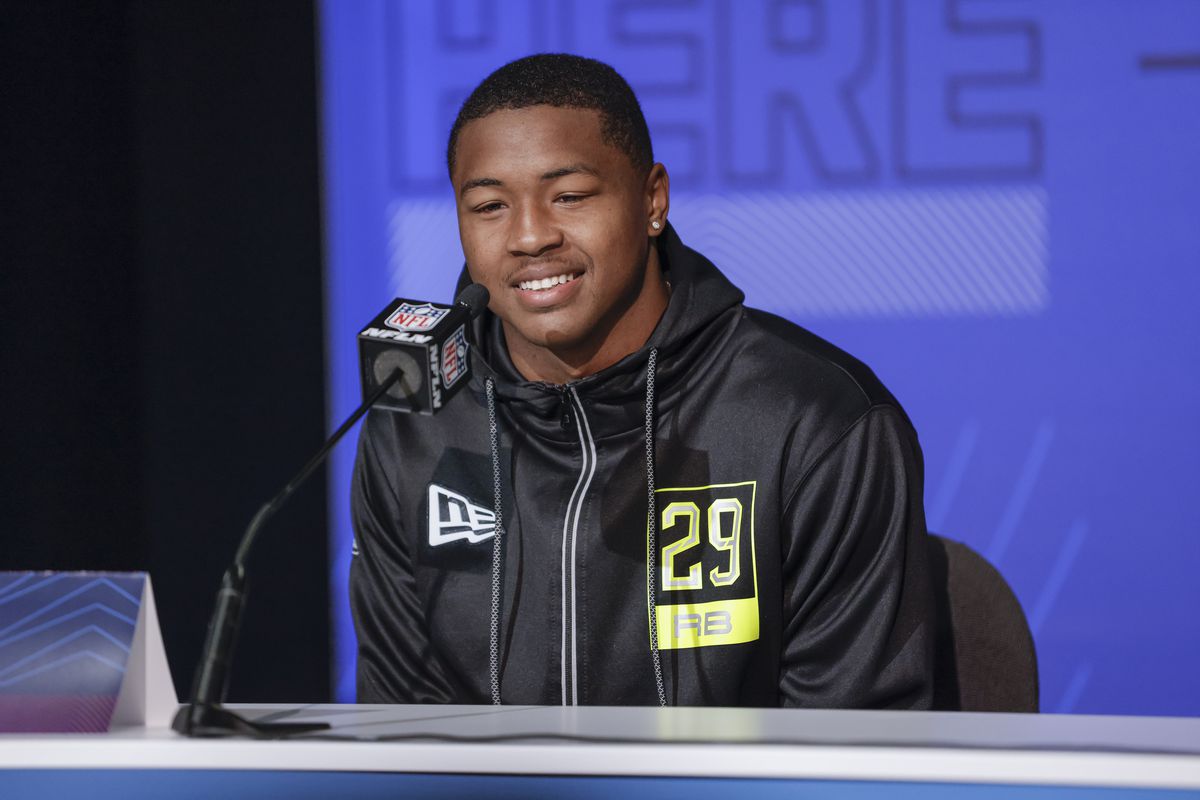Isaiah Spiller #RB29 of the Texas A&amp;M Aggies speaks to reporters during the NFL Draft Combine at the Indiana Convention Center on March 3, 2022 in Indianapolis, Indiana.