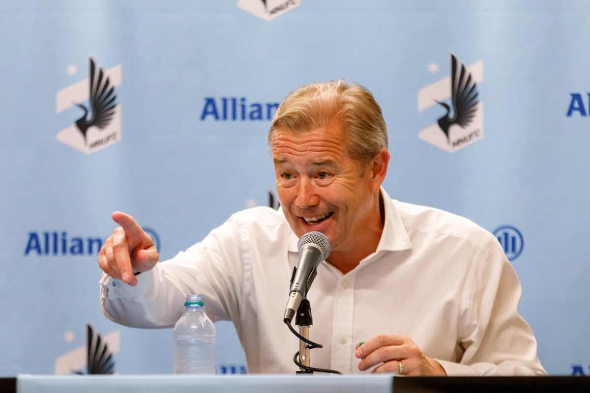 July 18, 2018 - Minneapolis, Minnesota, United States - Minnesota United head coach Adrian Heath shares a laugh with reporters during the post match press conference after the Minnesota United defeated New England Revolution 2-1  at TCF Bank Stadium. 

(Photo by Seth Steffenhagen/Steffenhagen Photography)