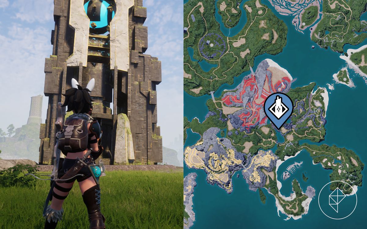 A split map showing where to find the Rayne Syndicate Tower in Palworld.