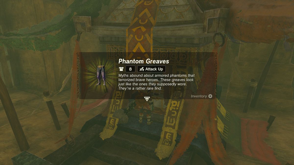 Link opens a chest containing the Phantom Greaves in Zelda Tears of the Kingdom.