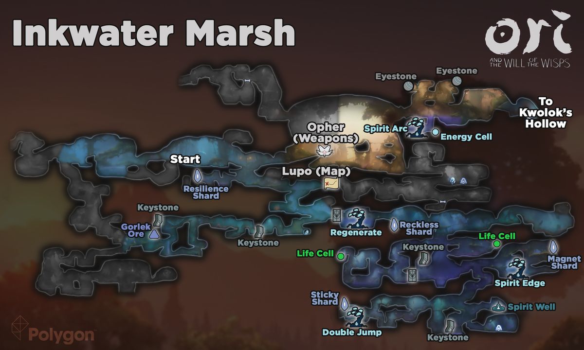 Ori and the Will of the Wisps Inkwater Marsh map and item locations
