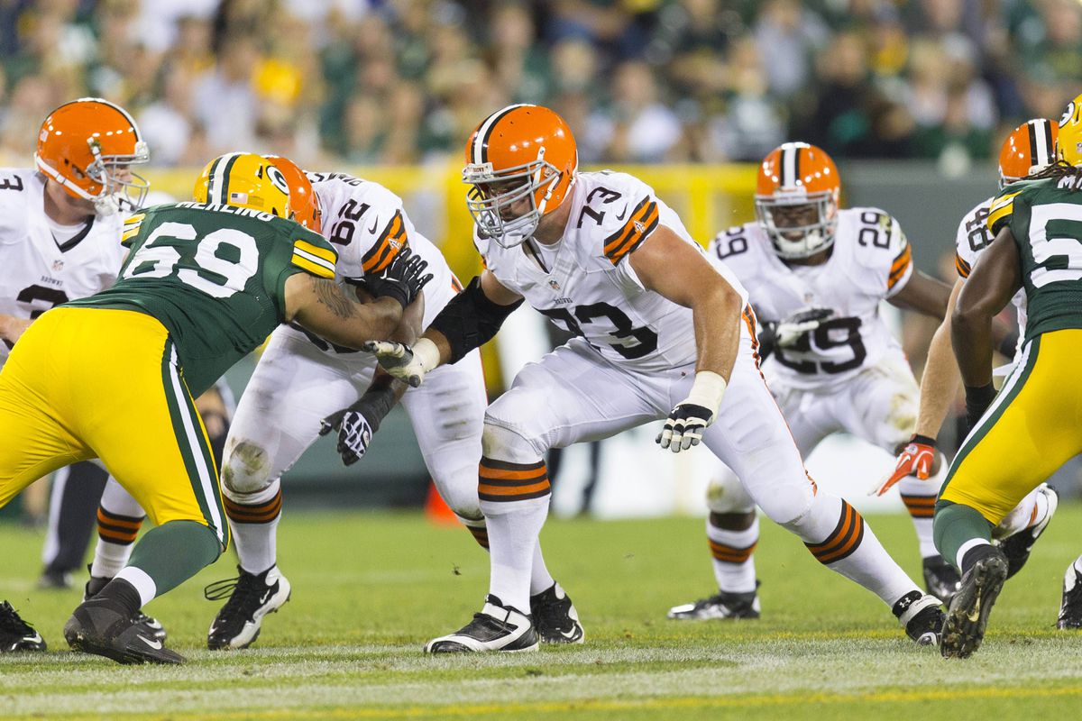 Aug 16, 2012; Green Bay, WI, USA; Cleveland Browns offensive tackle Joe Thomas (73) during the game against the Green Bay Packers at Lambeau Field.  The Browns defeated the Packers 35-10.  Mandatory Credit: Jeff Hanisch-US PRESSWIRE