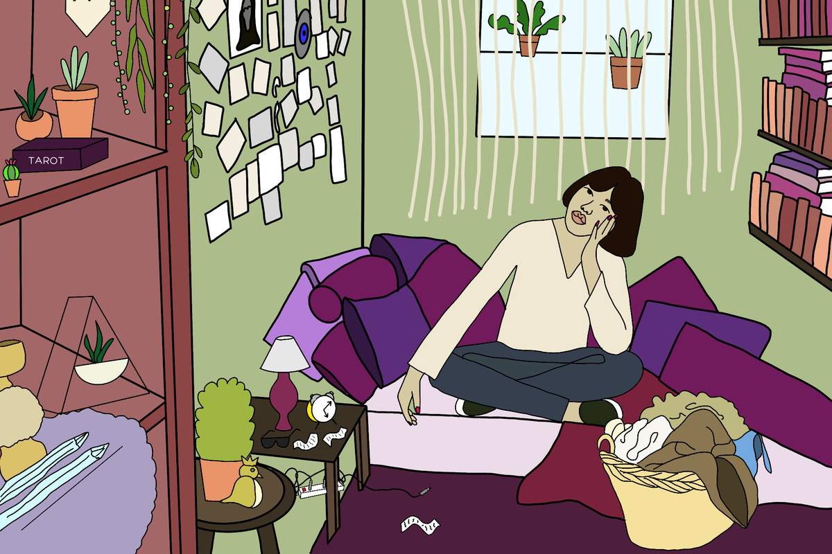 An illustration of a woman in a very messy room, with laundry and plants and wall hangings. 
