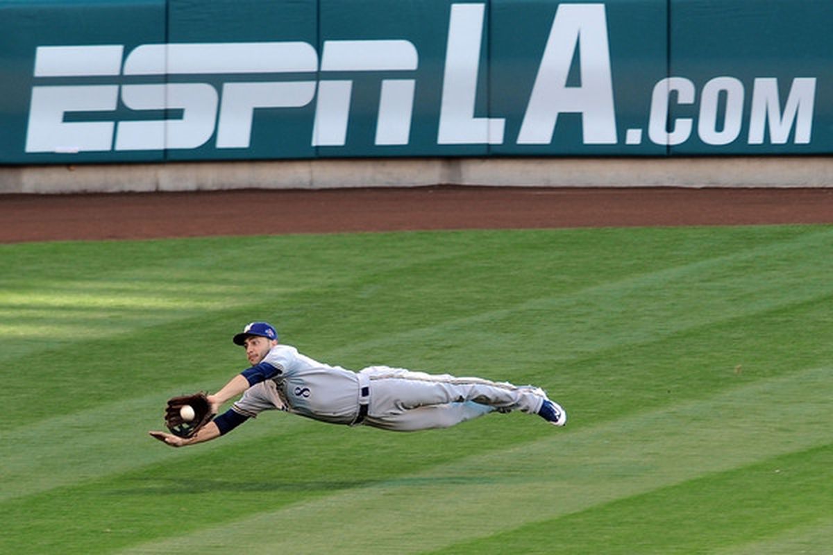 Ryan Braun in flight, a split second before he hit the ground and bent his wrist the wrong way.
