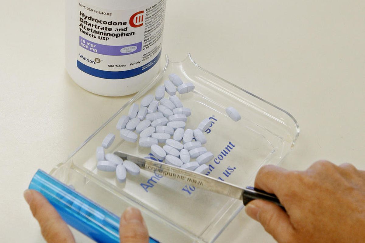 FILE - In this Aug. 5, 2010, file photo, a pharmacy technician poses for a picture with hydrocodone and acetaminophen tablets, also known as Vicodin, at the Oklahoma Hospital Discount Pharmacy in Edmond, Okla. Federal health regulators will bolster warnin