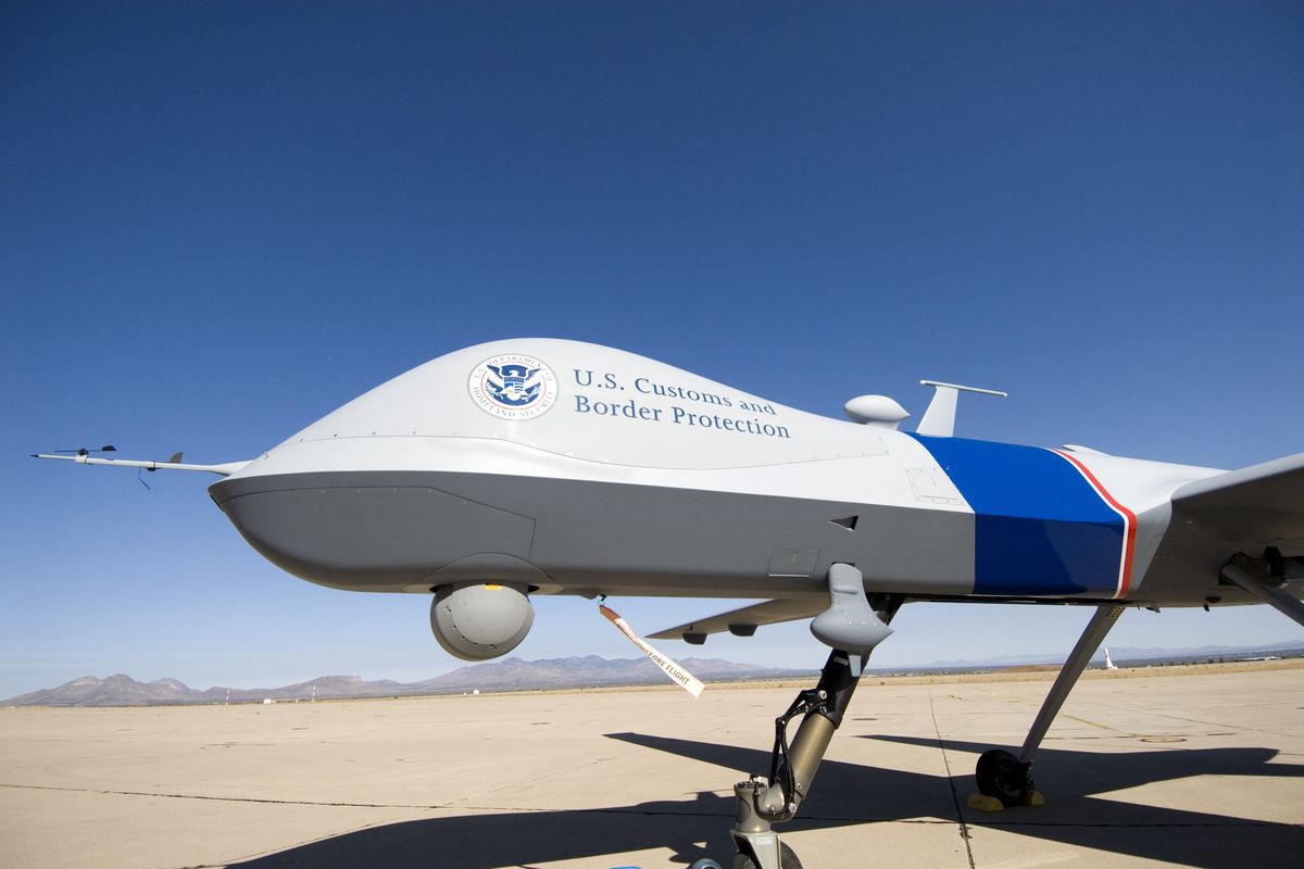A Predator drone with the Customs and Border Protection logo painted on the side.