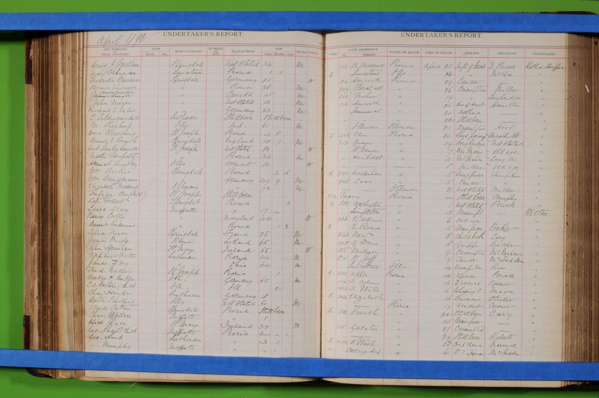 This 1892 undertaker’s report, by the Peoria Health Department, records the April 6 death of Nance Legins-Costley about half-way down the page on the left. The entry has several errors, among them her name being listed as “Nancy Costly.” Also, though she was born in Kaskaskia in 1813, the ledger lists her birthplace as Maryland and her age at death as 104.