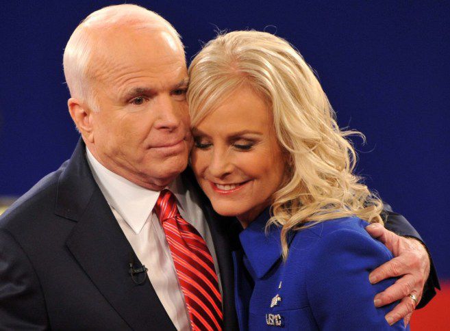 John McCain hugs his wife Cindy after a debate during the 2008 presidential campaign. | Getty Images