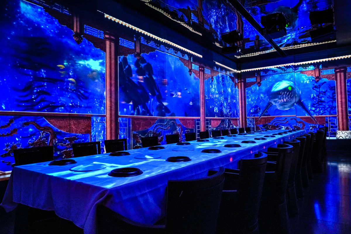 Projections on the wall make it look like the room is inside an aquarium