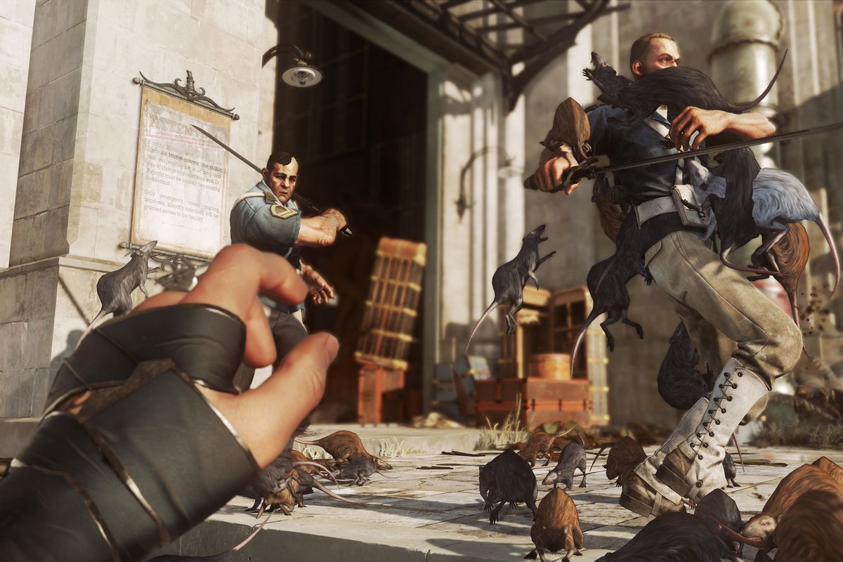 a bunch of rats attack two guards in Dishonored 2