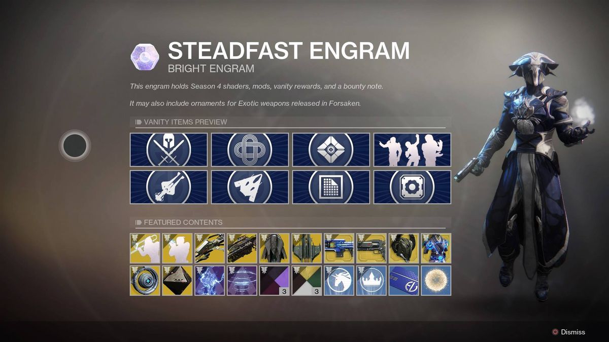 A menu in Destiny 2 showing a variety of items you might win in a Bright Engram