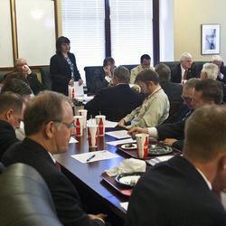 House Speaker Becky Lockhart, R-Provo, talks about the possibility of impeaching Attorney General John Swallow in the Utah House Republican caucus room Wednesday June 19, 2013.