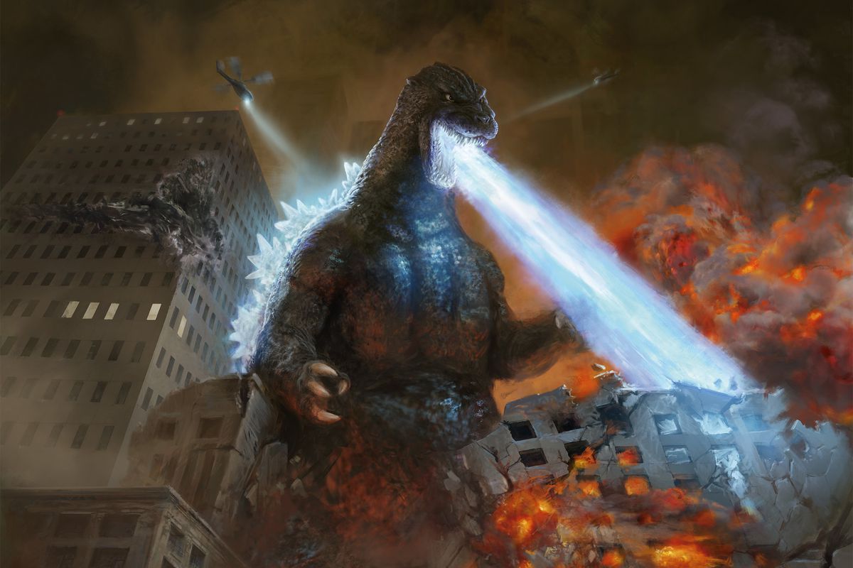 Godzilla doin’ his thing, burning buildings and swatting helicopters outta the sky, in art from Magic: The Gathering